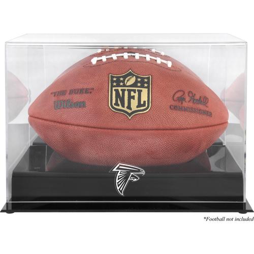 Schwarze Vitrine mit Football-Logo der Atlanta Falcons, mit verspiegelter Rückseite