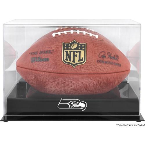 Schwarze Vitrine mit Football-Logo der Seattle Seahawks, mit verspiegelter Rückseite