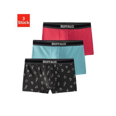 Boxer BUFFALO "Boxershorts für Jungen", Kinder, Gr. 158/164, bunt (anthrazit, hellblau, rot), Jersey, Obermaterial: 95% Baumwolle, 5% Elasthan, unifarben, gemustert, Unterhosen, mit witzigen Icons bedruckt Image