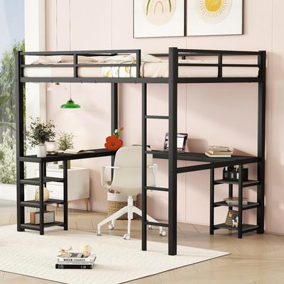 Full Size Metal Loft Bed with Built-in Desk and Open Shelves, Bed with Built-in Ladder and Guardrails