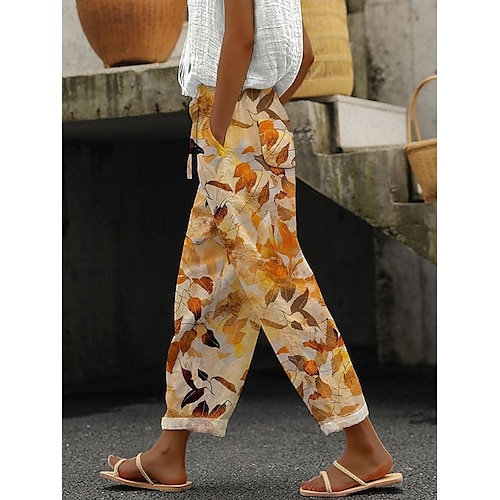 Frauen Leinenähnliche Hosen Weite Hosen Lässig Alltag Lang Floral Zugband Seiten Taschen Druck Atmungsaktiv Bequem Unelastisch Wochenende Orange Grün Frühling Sommer Regulär Fit Image