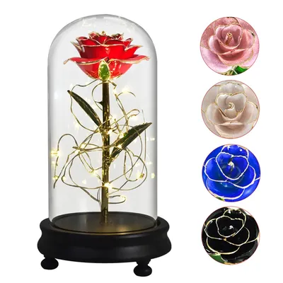 Beauty and The Beast 24K Gold Dipped Rose Forever Flower LED Light Artificial Flower In Glass Dome