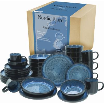 Kombiservice CREATABLE "Nordic Fjord", blau, 30 tlg., Steinzeug, Geschirr-Sets, je 6 Speiseteller, Suppenteller, Dessertteller, Schalen, Kaffeebecher Image