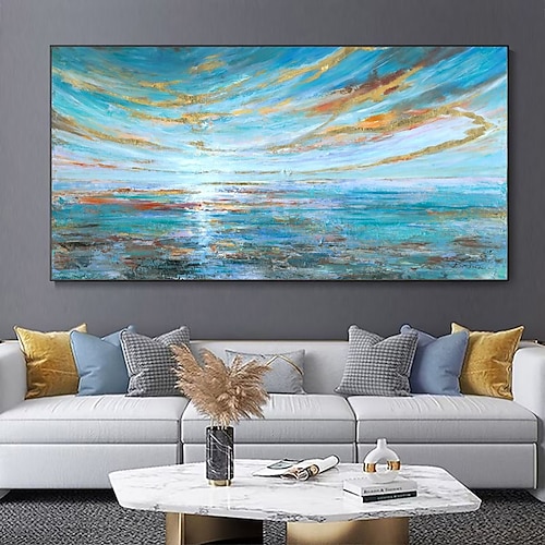 handgemachtes Ölgemälde auf Leinwand, Wandkunst, Dekoration, moderne Textur, Sonnenuntergang, Strand, abstrakte Landschaft für Wohnzimmer, Heimdekoration, gerolltes, rahmenloses, ungedehntes Gemälde Image