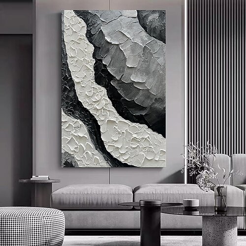 handgemachtes Ölgemälde auf Leinwand, Wandkunst, Dekoration, abstrakte Textur, schwarz, weiß und grau, für die Inneneinrichtung, gerolltes, rahmenloses, ungedehntes Gemälde Image
