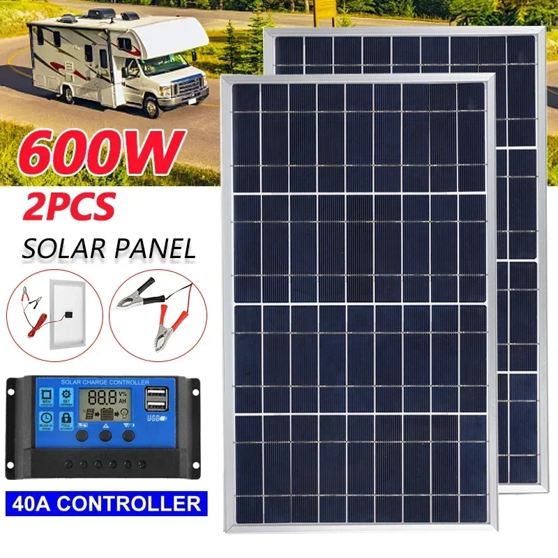 300 W/600 W Solarpanel-Set, kompletter 12 V polykristalliner USB-Stromversorgung, tragbarer wiederaufladbarer Solarzellen-Solargenerator für den Außenbereich Image
