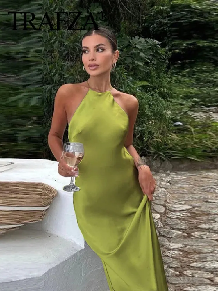 2025 nouvelle femme robe d'été solide Satin licou cou dos nu longues robes Chic Sexy élégant Vintage femmes robe de soirée