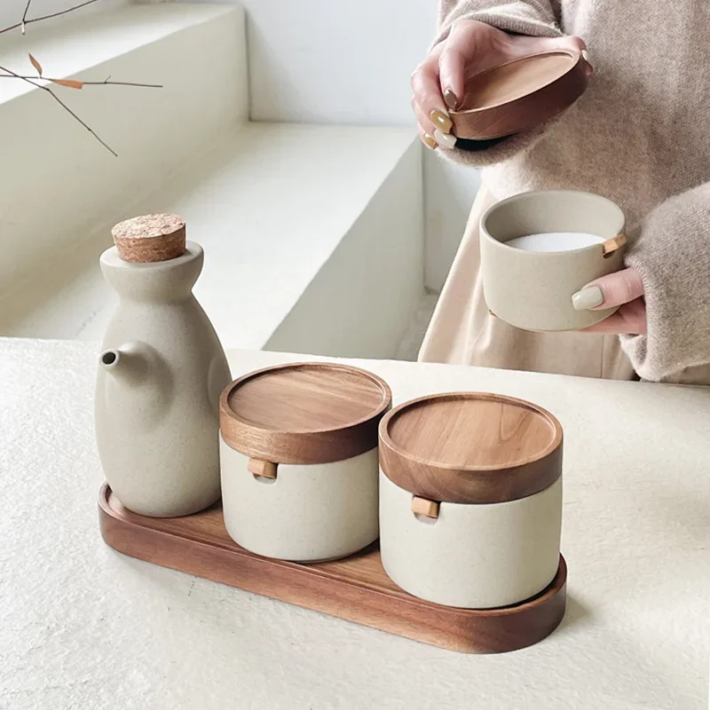 Pot d'assaisonnement en céramique vintage avec couvercle en bois, style japonais, maison, cuisine, sel, piment, sucre, huile, épices, ustensiles de cuisine modernes