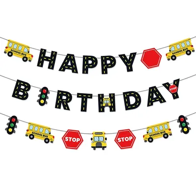 School bus themed children's birthday party decorations, happy Birthday banners