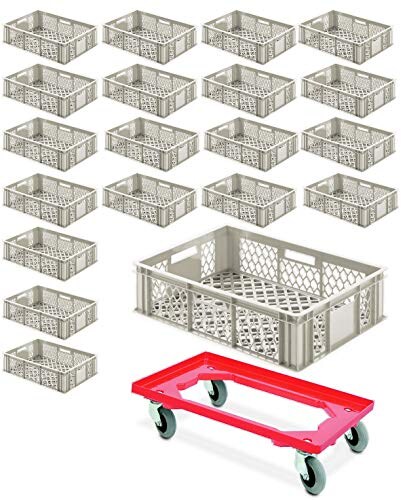 BRB 20 Eurobehälter durchbrochen, LxBxH 600x400x170 mm, kieselgrau + Flüsterroller Image