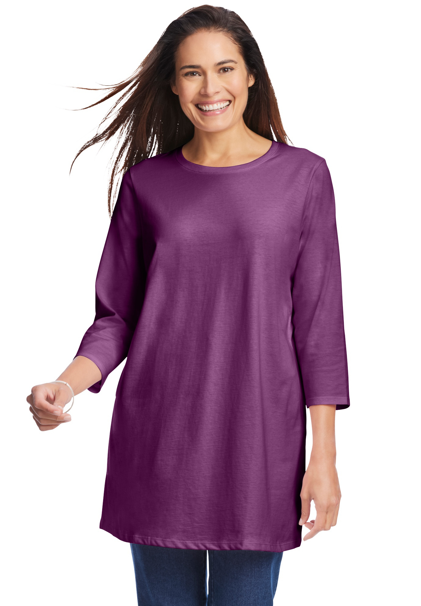 Plus Size Women's Perfect Three-Quarter Sleeve Crewneck Tunic by Woman Within in Plum Purple (Size 26/28)