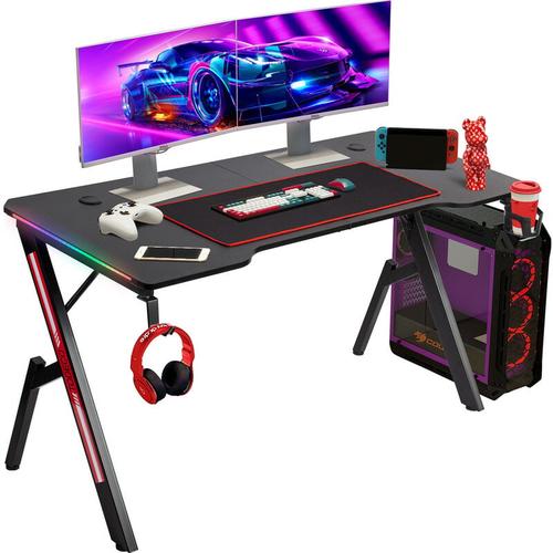 Todeco - 140 x 60cm Gaming Tisch mit led, Gaming Schreibtisch, pc Tisch Gaming mit