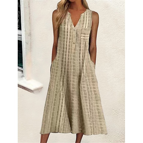 Damen Midikleid Kunstbaumwollleinen Shiftkleid Sommerkleid Trägerkleid Aktiv Mode Täglich Outdoor Wochenende Lässiger Schnitt Karomuster Ärmellos V Ausschnitt Blau Schwarz Rosa Purpur Sommer Frühling Image