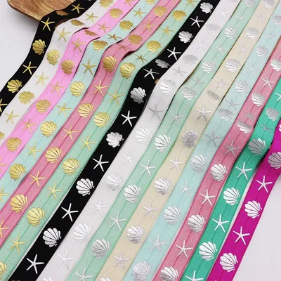 5/8'' 15mm Gold Silver Sea Shell Starfish Printed Spandex FOE Band Fold Over Elastic Ribbon For