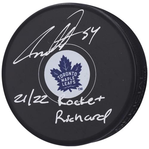 Von Auston Matthews signierter Hockeypuck der Toronto Maple Leafs mit der Aufschrift „21/22 Rocket Richard“