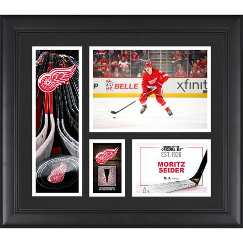 Moritz Seider Detroit Red Wings, unsignierte, gerahmte Spielercollage, 15 x 17 Zoll, mit einem Stück eines beim Spiel verwendeten Pucks