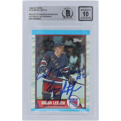 Brian Leetch New York Rangers signierte 1989-90 Topps #136 Beckett Fanatics bezeugte authentifizierte 10 Rookie-Karte mit "Last to wear #2" Aufschrift Image