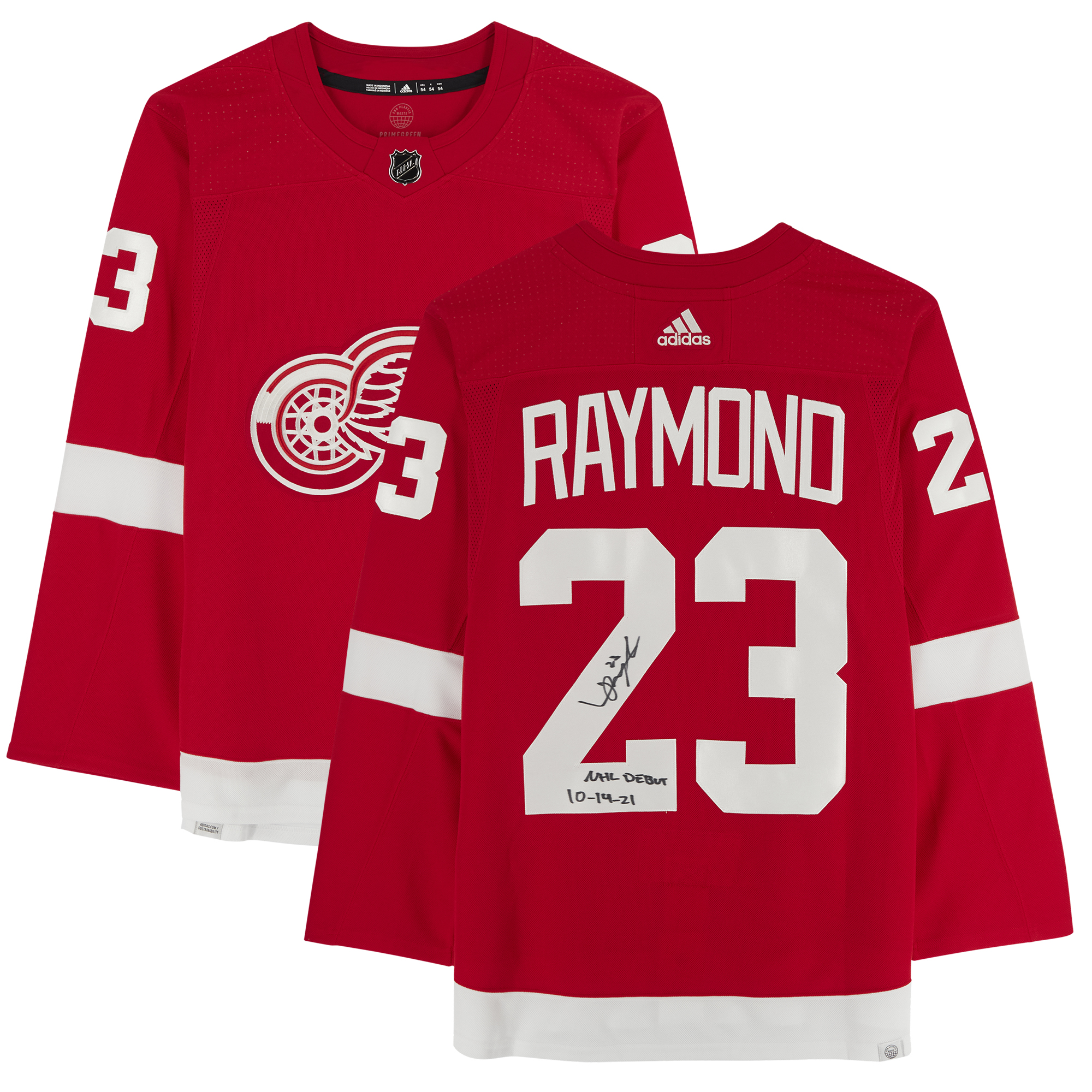 Lucas Raymond Red Detroit Red Wings signiertes authentisches adidas-Trikot mit der Aufschrift „NHL-Debüt 14.10.21“ Image