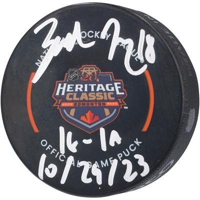 Zach Hyman Edmonton Oilers signierter 2023 Heritage Classic Offizieller Spielpuck mit "1G-1A 10/29/23"-Aufschrift Image