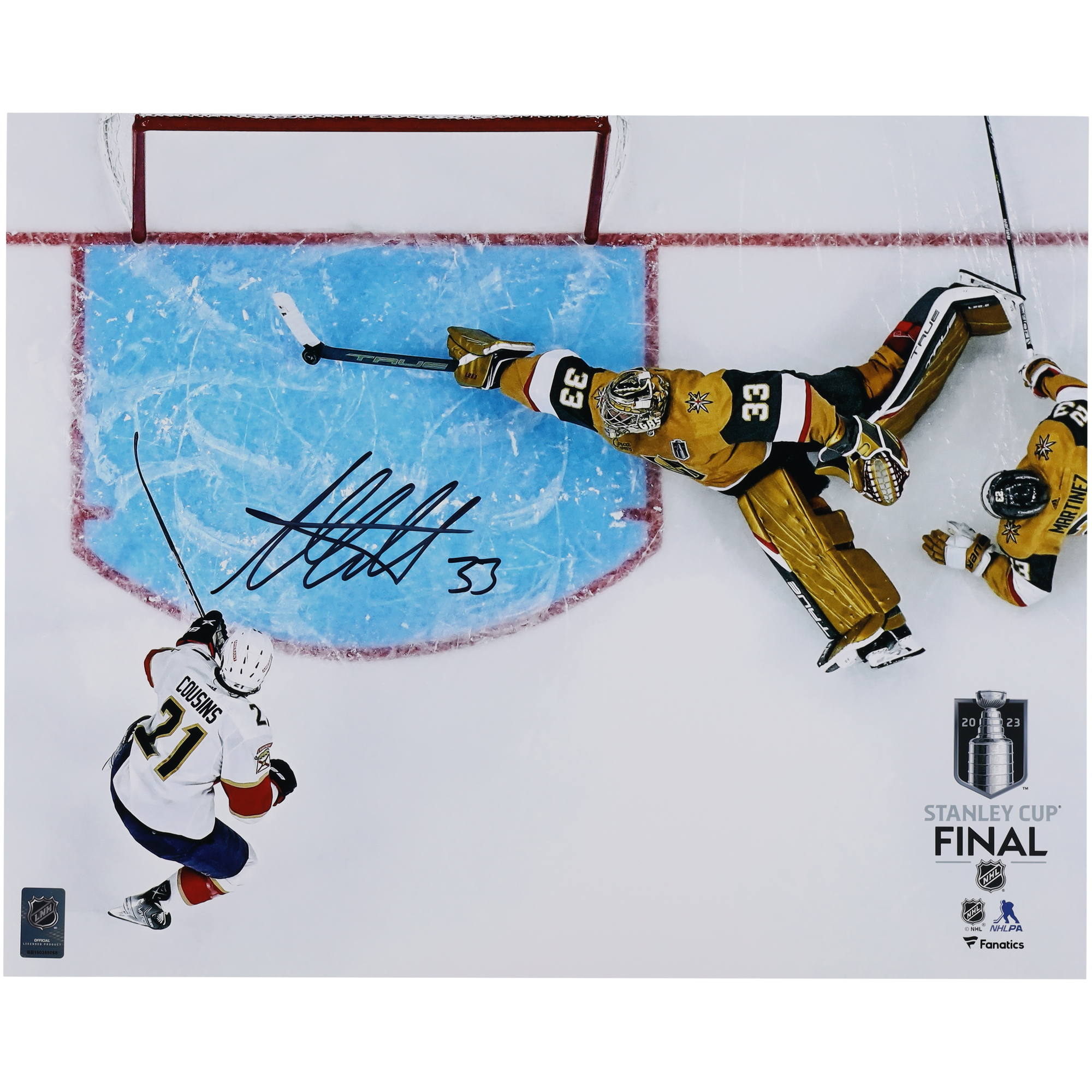 Autogrammfoto von Adin Hill, Vegas Golden Knights, 16 x 20 Zoll, 2023 Stanley Cup Final Game One Save Image