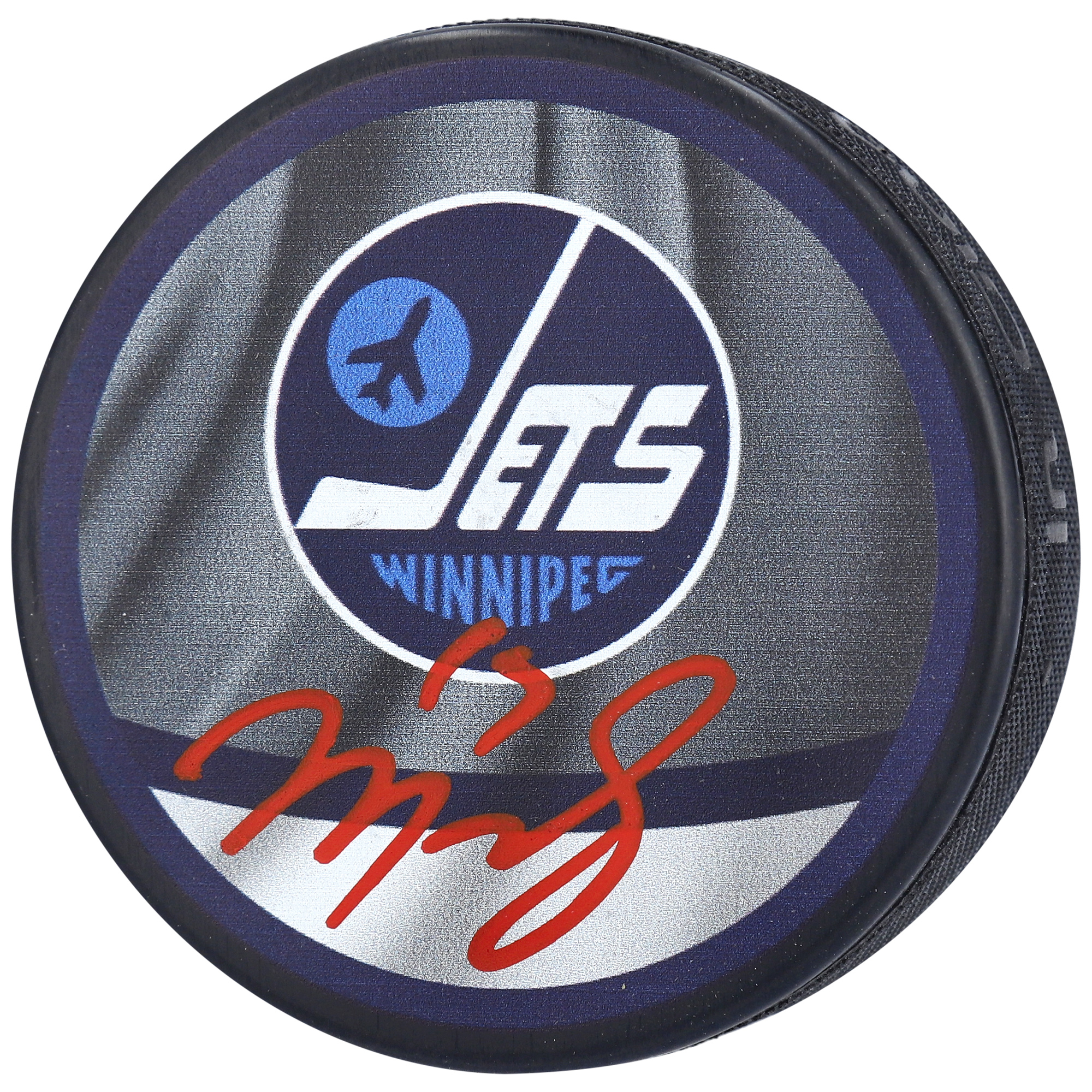 Mark Scheifele Winnipeg Jets signierter Hockey-Puck mit Retro-Logo auf der Rückseite Image