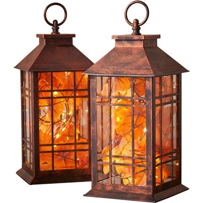 Set of 2 Harvest Maple Leaf Lanterns by BrylaneHome in Brown