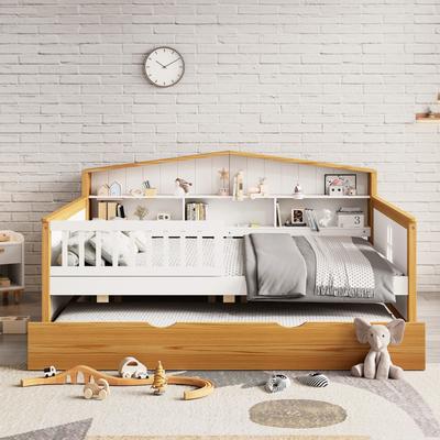 Full Size House Shape Daybed with Trundle and Bookcase Headboard Wooden Bed