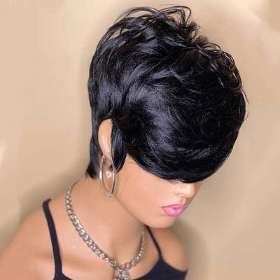 Short Bob Wig Human Hair Pixie Cut Wig for Black Women None Lace Front Wig with Bangs Layered Wavy Full Machine Made Wig 1B Color