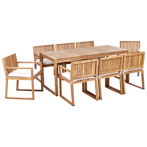 Gartenmöbel Set 8-Sitzer Hellbraun Zertifiziertes Akazienholz Tisch mit 8 Stühlen und Sitzkissen Cremeweiß Rustikal Modern Terrasse Garten