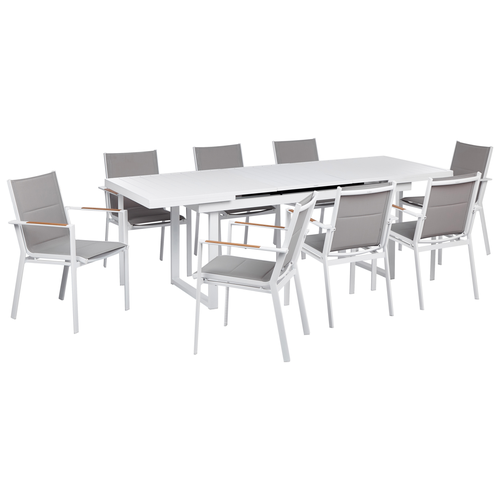 Gartenmöbel Set 9-teilig Weiß Aluminium Ausziehtisch 180 / 240 x 90 cm Latten-Tischplatte Rechteckig mit 8 Stühlen Bespannung Grau Stapelbar