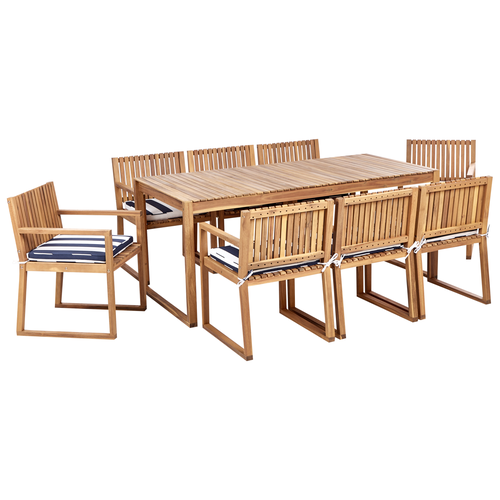 Gartenmöbel Set 8-Sitzer Hellbraun Zertifiziertes Akazienholz Tisch mit 8 Stühlen und Sitzkissen Marineblau Rustikal Modern Terrasse Garten