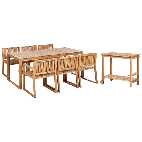 Gartenmöbel Set 8-Teilig Hellbraun Zertifiziertes Akazienholz Rustikal Modern Gartentisch 180x90 cm mit 6 Stühlen und Teewagen Terrasse Outdoor