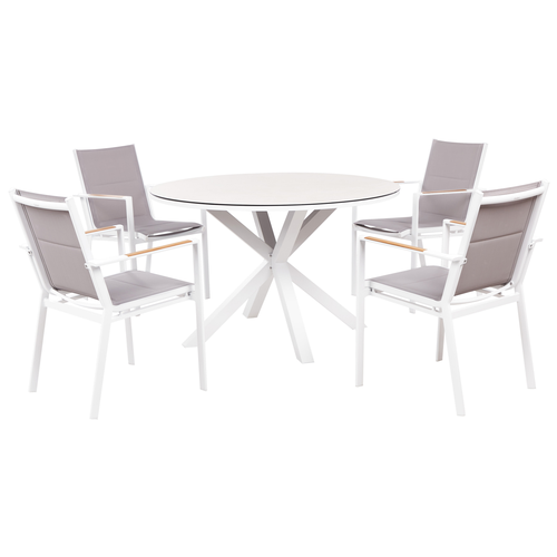 Gartenmöbel Set 5-teilig Weiß u. Taupe Aluminium Tisch ⌀ 120 cm Rund Keramikplatte mit 4 Stühlen Bespannt Grau Stapelbar Terrasse Außenbereich