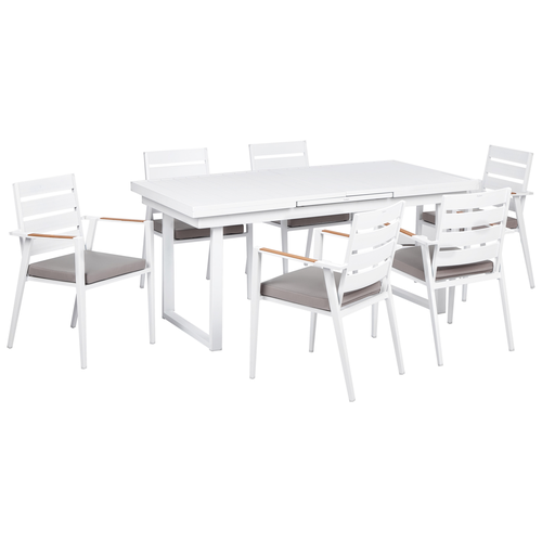 Gartenmöbel Set 7-teilig Weiß Aluminium Ausziehtisch 180 / 240 x 90 cm Latten-Tischplatte Rechteckig mit 6 Stühlen Auflagen Grau Stapelbar