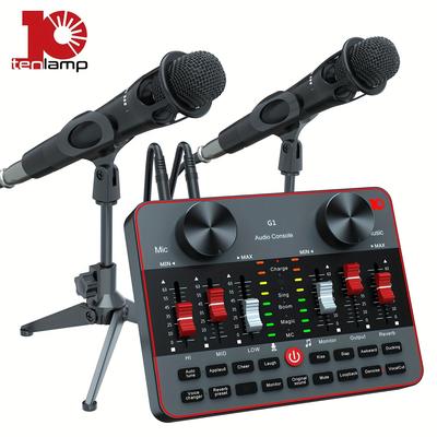 TEMU Podcast Equipment Bundle, All-in-one Audio Interface Dj Mixer With 2 Condenser Microphones, Recording Studio Kit Live Sound Card For Singing Broadcast, Live Streaming, Gaming