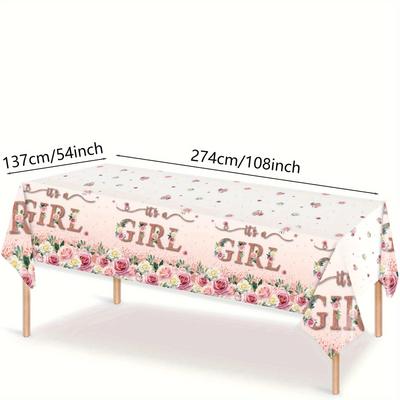 TEMU Pink A Girl Baby Shower Tablecover, 137x274cm Disposable Plastic Rectangular Tablecloth, Floral Pattern For Gender Reveal Party Decoration, Machine Made Weave - 1 Pack