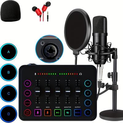 Gaming Audio Mixer, Podcast Equipment Bundle With Xlr Microphone Interface, 48v Phantom Power , 4 Sound Board For Podcast Recording, Streaming