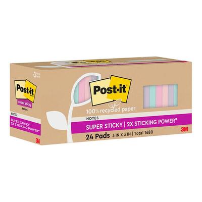 3M Post-It 3" x 3" Wanderlust Pastels Collection 70 Sheet Assorted Pastel Color 100% Recycled Paper Super Sticky Note Pad - 24/Pack