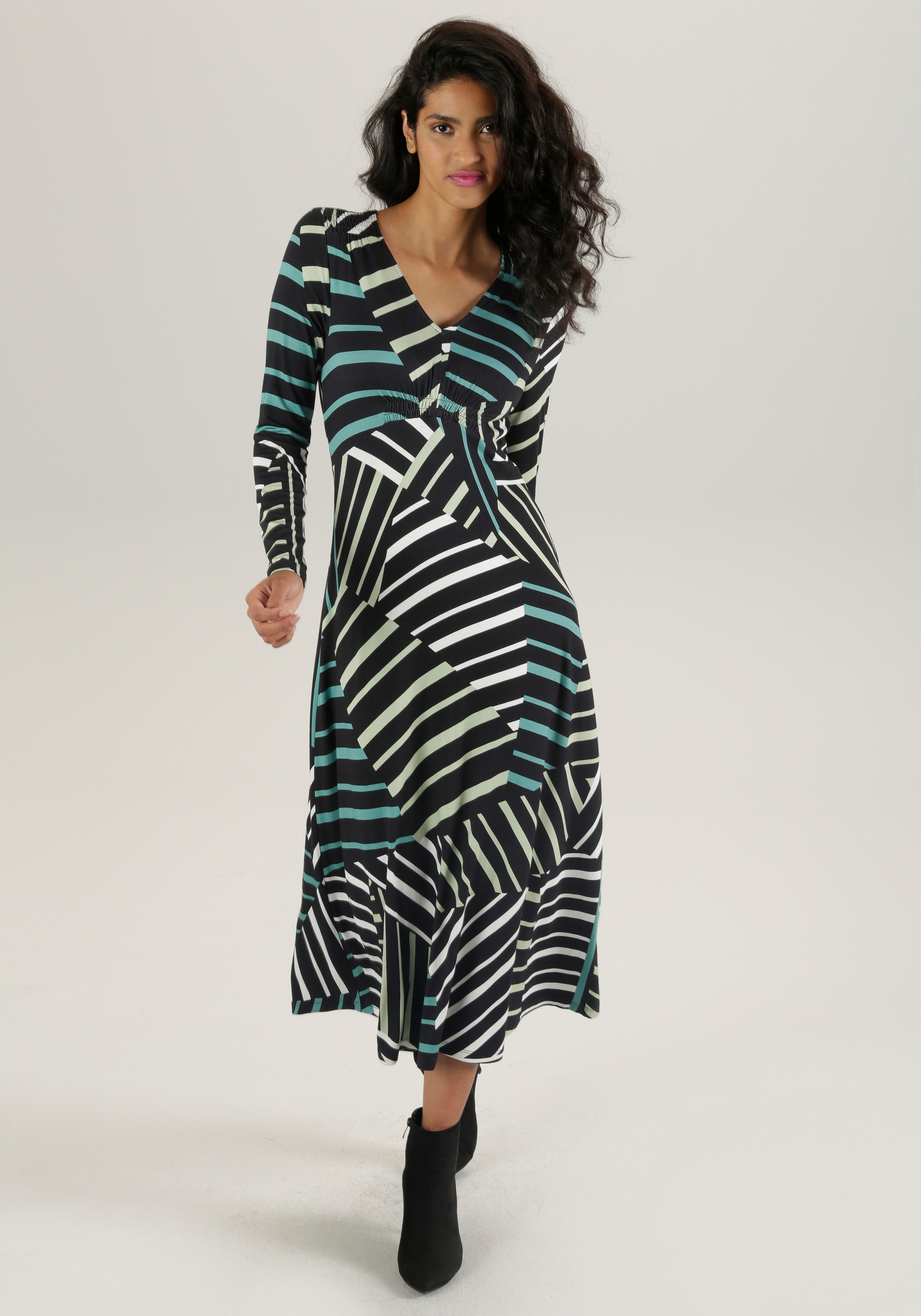 Midikleid ANISTON SELECTED, Damen, Gr. 36, N-Gr, grün (schwarz, weiß, lindgrün, seegrün), Single Jersey, Obermaterial: 95% Viskose, 5% Elasthan, bedruckt, gestreift, figurumspielend, V-Ausschnitt, Kleider Midikleid, mit Smok-Details und Streifendruck