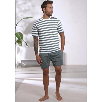 Pyjama H.I.S, Herren, Gr. 44/46 (S), grün (grün, creme), Jersey, Obermaterial: 60% Baumwolle, 40% Polyester, gestreift, Basic, bequem kurz, Rundhals, Kurzarm abgesteppte Kante, Homewear-Sets, Schlafanzug aus Baumwoll-Mix Image