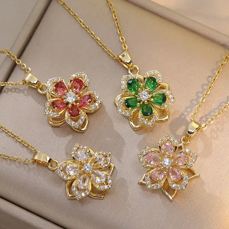 Collana con ciondolo fiore zircone rotante di lusso leggero per le donne Collane a catena ad alto senso di qualità color oro Regali di gioielli per feste