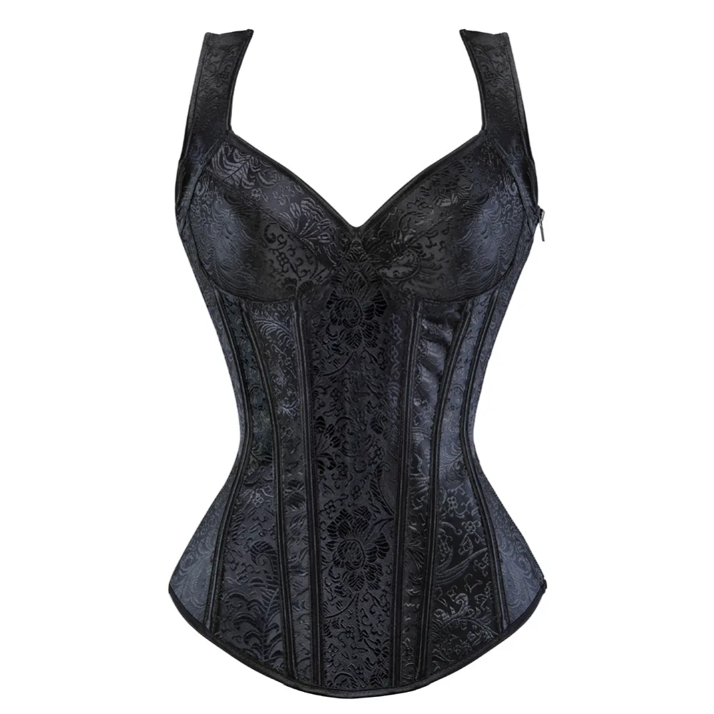 Corsetto Steampunk con cinghie per donna Overbust Jacquard Lace-Up Bustier Vest Top con cerniera Corsetto gotico vintage da donna medievale