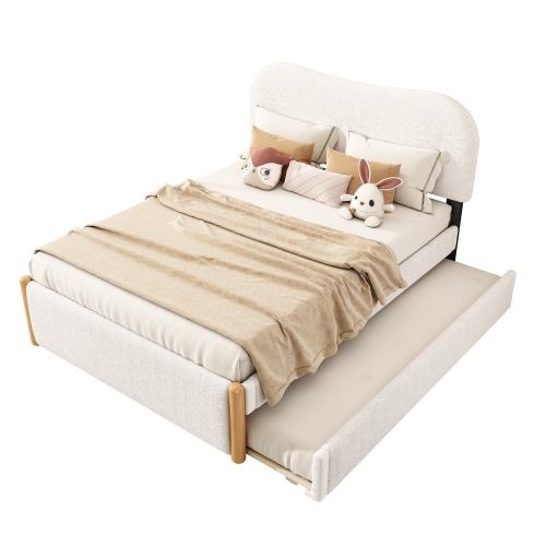 Merax 140*200cm Flachbett, gepolstert, mit praktischem ausziehbares Rollbett, minimalistische Formgebung, weiß Image