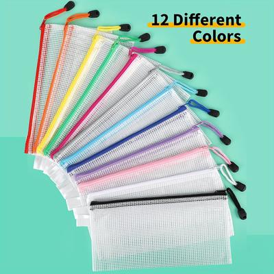 TEMU 12 Mesh Zipper Bags - File Organization Set, File/information/pencil Bag, Suitable For School, Office, Home, Travel - Of Files, Pencils, Puzzles, Etc., 1 Of 12 Colors