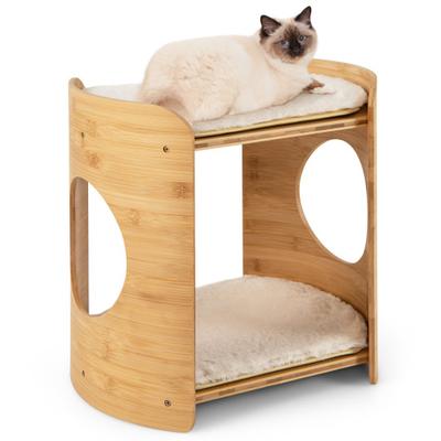 Costway 2-Tier Cute Small Cat Tree for Indoor Cats with Natural Bamboo Frame-Beige