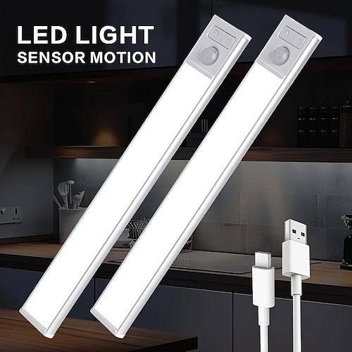 2 Stück Unterschrankbeleuchtung, LED-Schrankleuchte mit Bewegungsmelder, über USB wiederaufladbare Unterschrankleuchten, kabellos, magnetisch, für Küche, Schrank und Treppe, einstellbare Farbe und Helligkeit Image