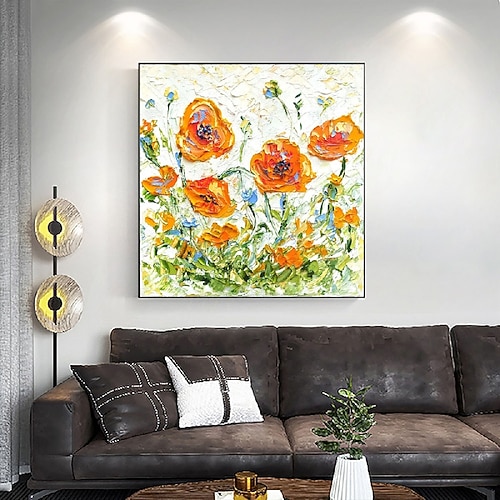 Blumengemälde mit Spachtel, handgemalt, orange, rosa, Mohn, pastoses Ölgemälde, kalifornischer Mohn, Blumenölgemälde, Kunstwerk, schwere Textur, buntes Blumengemälde, Wandkunst, Mohn-Dekor Image