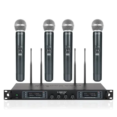 UHF Professional Ｗireless Ｍicrophone Phenyx Pro 4 Channels Auto Scan Selectable Frequency Metal