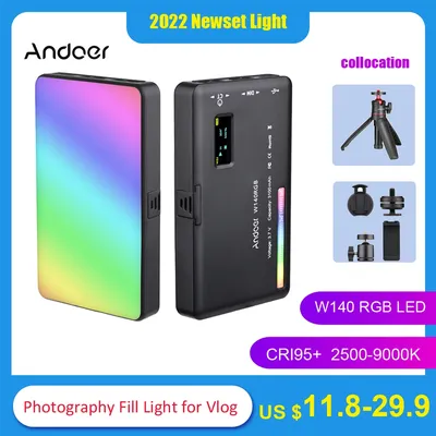 Andoer W140 RGB LED Video Light 2500-9000K Photography Fill Light CRI95+ LCD Display Cold Shoe for