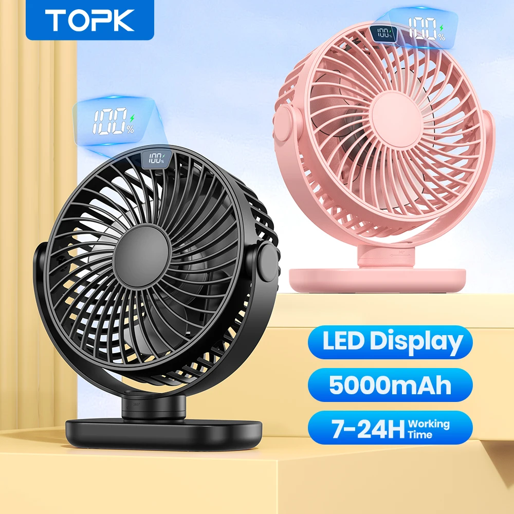 TOPK K60C 5000 mAh tragbarer Mini-Ventilator, stehende Ventilatoren für Zimmer, LED-Anzeige 360 ° Rotierender leiser elektrischer Schreibtischventilator für Campin Image